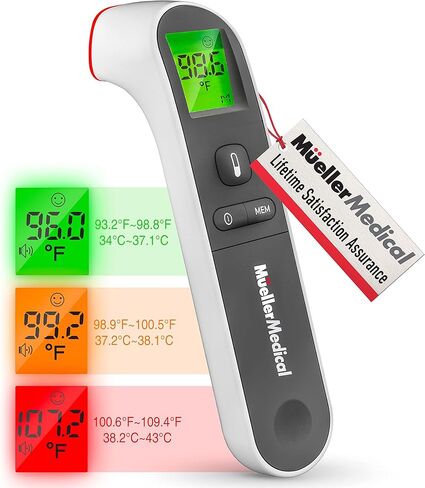 مولر ميزان حرارة بالأشعة تحت الحمراء غير متصل للبالغين والأطفال، ميزان حرارة للحمى، استدعاء ذاكرة الجسم والسطح، إيقاف التشغيل التلقائي مع مؤشر الإضاءة الخلفية، رمادي in Kuwait