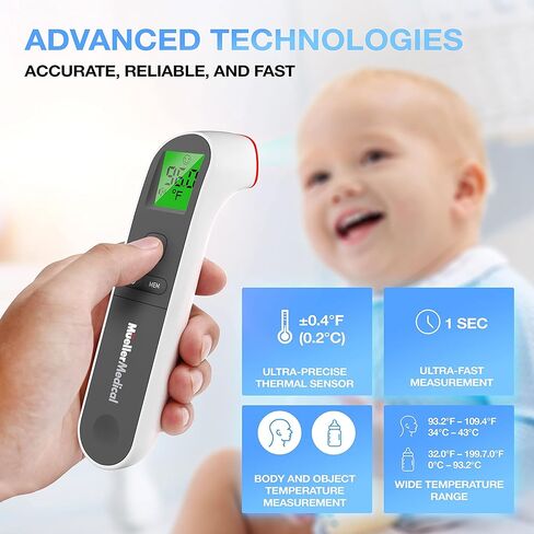 مولر ميزان حرارة بالأشعة تحت الحمراء غير متصل للبالغين والأطفال، ميزان حرارة للحمى، استدعاء ذاكرة الجسم والسطح، إيقاف التشغيل التلقائي مع مؤشر الإضاءة الخلفية، رمادي in Kuwait