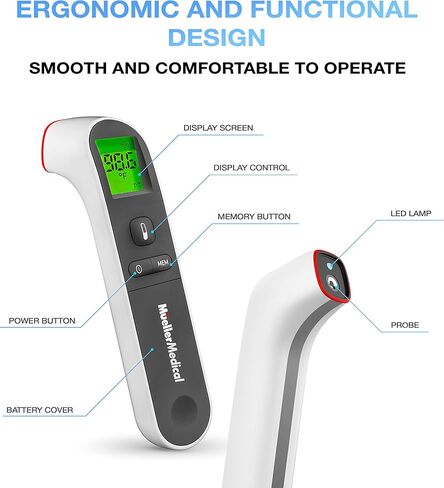 مولر ميزان حرارة بالأشعة تحت الحمراء غير متصل للبالغين والأطفال، ميزان حرارة للحمى، استدعاء ذاكرة الجسم والسطح، إيقاف التشغيل التلقائي مع مؤشر الإضاءة الخلفية، رمادي in Kuwait