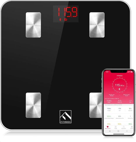 FITINDEX Scale for Body Weight and Fat Percentage, Smart Scale, Digital Bathroom Body Composition Monitor with Bluetooth & App for BMI, Body Fat, Muscle Mass, 400lbs - Black in Kuwait