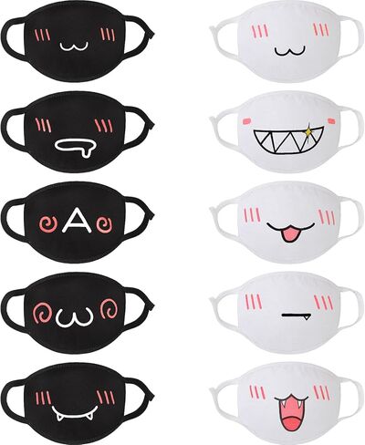 10 قطع من اقنعة كاواي للوجه والفم بتصميم انيمي لطيف للفم قابلة لاعادة الاستخدام والغسل للنساء والفتيات والاطفال، اسود وابيض in Kuwait