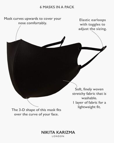 KARIZMA Face Wardrobe Cloth Face Mask for Women Pack. 6 Buttery Soft Black Face Masks Washable Fabric with Adjustable Ear Loops. Face Mask Reusable and Stretchy. Comfortable and Fresh Facemask in Saudi Arabia