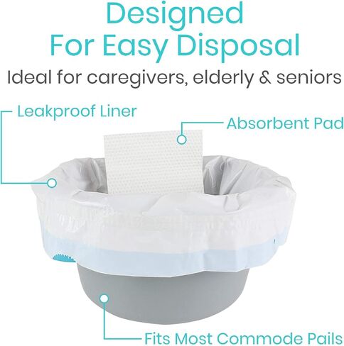 بطانات Vive Commode مع وسادات ماصة - أكياس بديلة لكراسي المرحاض المحمولة بجوار السرير - بطانات قعادة بورتا للاستعمال مرة واحدة لذراع مرضى السمنة القياسية 3 في 1 دلاء قابلة للطي - مضادة للتسرب (72 عبوة) in Saudi Arabia