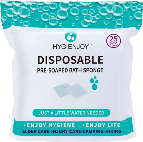 HYGIENJOY - إسفنجات حمام خالية من الشطف (25 قطعة) مناديل مبللة للجسم للبالغين للاستحمام - سميكة جدًا، لا تترك بقايا مناديل استحمام للبالغين بدون شطف، لكبار السن، للمصابين، لطريح الفراش، وأيضًا للمخيمين والمتنزهين، الإسفنج مناديل الحمام (عبوة واحدة) in Kuwait
