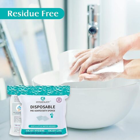 HYGIENJOY - إسفنجات حمام خالية من الشطف (25 قطعة) مناديل مبللة للجسم للبالغين للاستحمام - سميكة جدًا، لا تترك بقايا مناديل استحمام للبالغين بدون شطف، لكبار السن، للمصابين، لطريح الفراش، وأيضًا للمخيمين والمتنزهين، الإسفنج مناديل الحمام (عبوة واحدة) in Kuwait