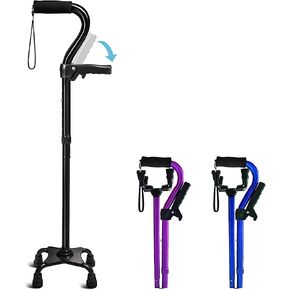 Adjustable Walking Cane for Men & Women with 4-Pronged Base for Extra Stability - Foldable Cane for Seniors with Foam Padded Offset Handle for Soft Grip & a Second Handle for Standing Black