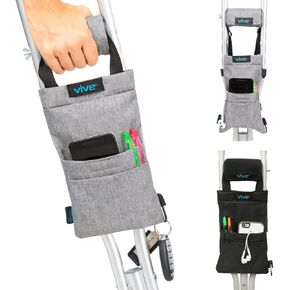 Vive Crutch Bag & Hand Grip Pads - Water-Resistant Pouch with Foam Padding - Tote for Broken Leg Crutches with Storage Pockets - Ergonomic, Orthopedic, Lightweight - Medical Crutch Accessories