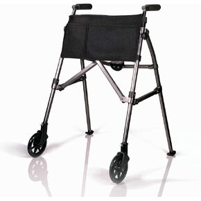 Stander Wonder Walker Plus Short, Junior Lightweight Folding Rolling Walker for Adults, Seniors, Elderly, Petite Travel Walker with Wheels, Glides, Pouch, Compact Standard Walker, Black Walnut