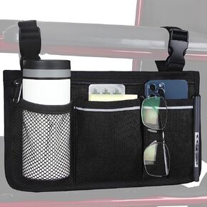 Wheelchair Side Bag, Wheelchair Armrest Storage Pouch with Cup Holder Use of Waterproof Fabric, for Most Wheelchairs, Walkers or Rollators (Black)