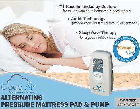 Vaunn Medical Cloud Air Whisper غطاء مرتبة ضغط الهواء المتناوب الهادئ مع مضخة مقاس مزدوج 36 بوصة × 78 بوصة × 3 بوصة in Kuwait