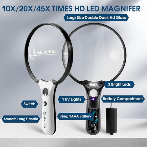 Large Magnifying Glass with Light, Magnifier 10X 20X 45X Handheld Illuminated Lighted Magnifier with 3 LED Lights 1UV Light Storage Bag Clean Cloth for Seniors Reading Inspection in Saudi Arabia