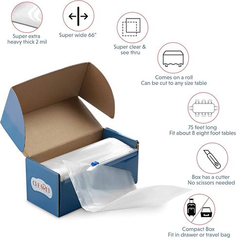 [سُمك 2 مطحنة] - لفافة مفرش طاولة بلاستيكية شفافة - مع قاطع ذاتي - غطاء طاولة عريض سميك للاستعمال مرة واحدة يحمي من الانسكابات والماء والزيوت والبقع. in Kuwait