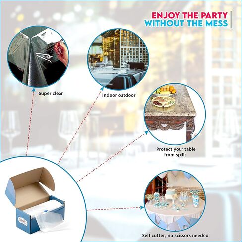 [سُمك 2 مطحنة] - لفافة مفرش طاولة بلاستيكية شفافة - مع قاطع ذاتي - غطاء طاولة عريض سميك للاستعمال مرة واحدة يحمي من الانسكابات والماء والزيوت والبقع. in Kuwait