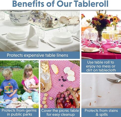 [سُمك 2 مطحنة] - لفافة مفرش طاولة بلاستيكية شفافة - مع قاطع ذاتي - غطاء طاولة عريض سميك للاستعمال مرة واحدة يحمي من الانسكابات والماء والزيوت والبقع. in Kuwait