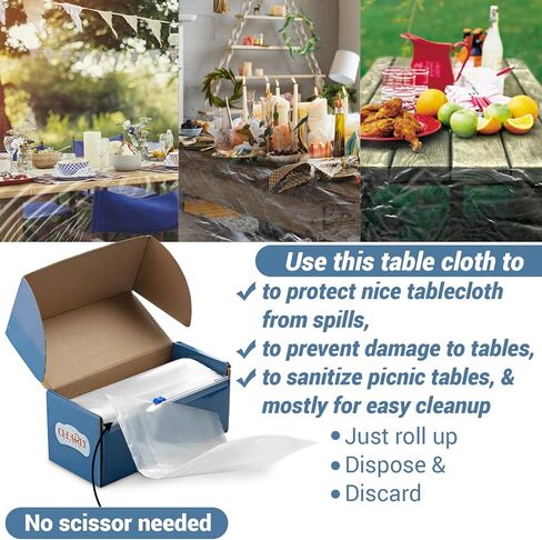 [سُمك 2 مطحنة] - لفافة مفرش طاولة بلاستيكية شفافة - مع قاطع ذاتي - غطاء طاولة عريض سميك للاستعمال مرة واحدة يحمي من الانسكابات والماء والزيوت والبقع. in Kuwait