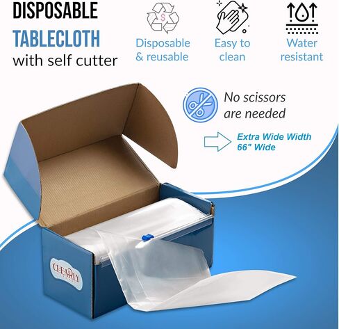 [سُمك 2 مطحنة] - لفافة مفرش طاولة بلاستيكية شفافة - مع قاطع ذاتي - غطاء طاولة عريض سميك للاستعمال مرة واحدة يحمي من الانسكابات والماء والزيوت والبقع. in Kuwait