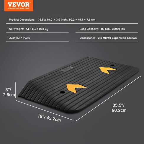 VEVOR Upgraded Rubber Threshold Ramp, 1" Rise Wheelchair Ramp Doorway, Natural Curb Ramp Rated 33069Lbs Load Capacity, Non-Slip Textured Surface Rubber Curb Ramp for Wheelchair and Scooter in Saudi Arabia