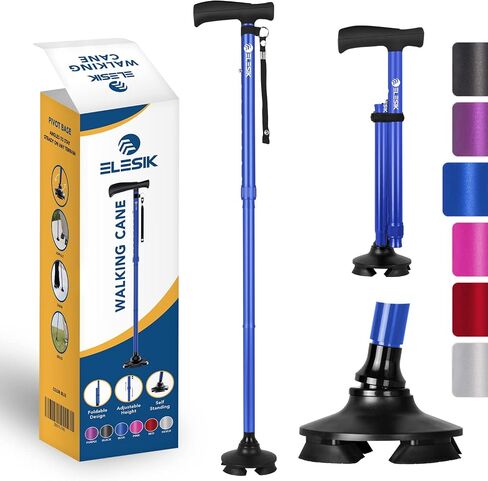 ELESIK Walking Cane for Women & Men - Adjustable Folding Cane with T Handle and Pivot Base Design, Foldable Walking Stick for Seniors with Nylon Strap, Collapsible Cane for Safe Walking in Saudi Arabia