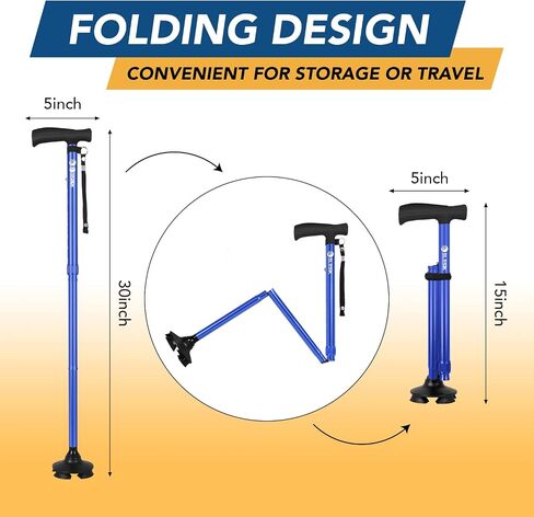 ELESIK Walking Cane for Women & Men - Adjustable Folding Cane with T Handle and Pivot Base Design, Foldable Walking Stick for Seniors with Nylon Strap, Collapsible Cane for Safe Walking in Saudi Arabia
