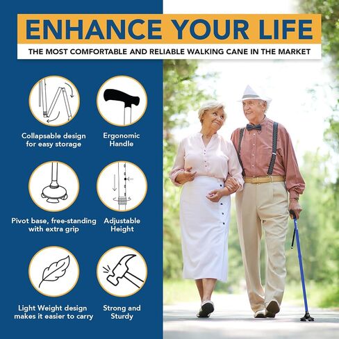 ELESIK Walking Cane for Women & Men - Adjustable Folding Cane with T Handle and Pivot Base Design, Foldable Walking Stick for Seniors with Nylon Strap, Collapsible Cane for Safe Walking in Saudi Arabia