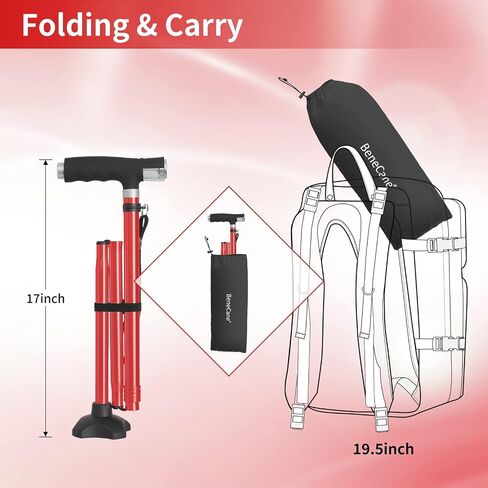 BeneCane Walking Cane for Women Folding Cane for Men with Two Led Lights Quad Cane with Stable Base Lightweight and Adjustable Walking Stick in Saudi Arabia