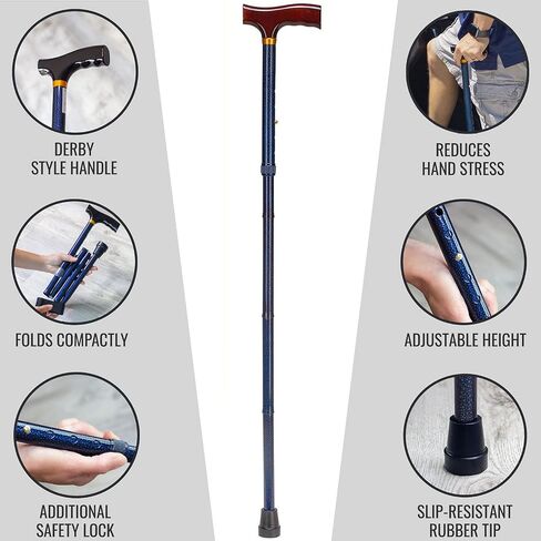 DMI Designer Folding Cane, Walking Cane, Foldable Cane for Men, Walking Cane for Women, Canes for Seniors, Adjustable Cane, Ergonomic Wood Handle Cane, Supports up to 250 Pounds, Blue Cyclone in Saudi Arabia