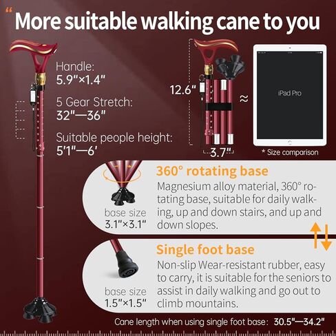 عصا قابلة للطي من ispuoocti، عصا إنذار ذكية قابلة للطي مع ضوء، عصا مشي أنيقة للنساء والرجال، عكاز قابل للتعديل لكبار السن، شحن مباشر عبر USB، خفيف الوزن ومحمول in Kuwait