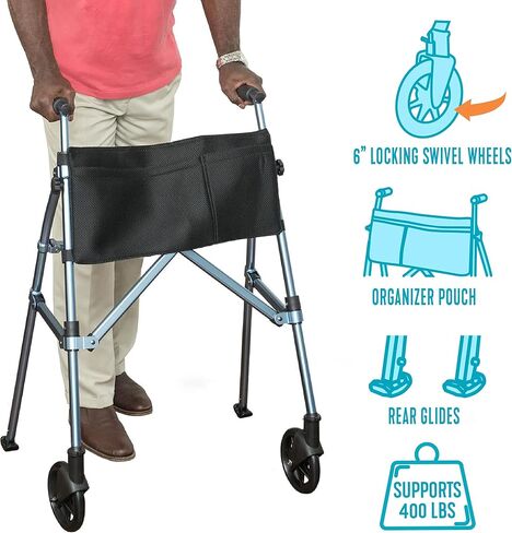 مشاية Stander EZ Fold-N-Go، مشاية خفيفة الوزن قابلة للطي للبالغين وكبار السن وكبار السن، مشاية سفر قابلة للطي مع عجلات، منزلقات تزلج، وحقيبة، مشاية قياسية مدمجة، Regal Rose in Kuwait