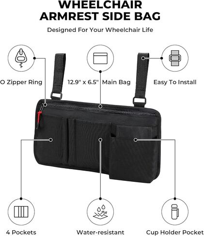 ISSYAUTO Wheelchair Side Bag, Wheelchair Pouch Bag with Cup Holder, Armrest Accessories for Wheelchair, Rollator, Electric Scooter Wheelchairs, Ideal Gift for Mother's Day & Father's Day (Black) in Kuwait