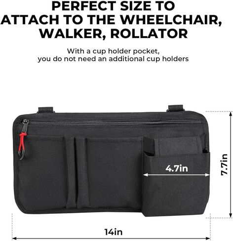 ISSYAUTO Wheelchair Side Bag, Wheelchair Pouch Bag with Cup Holder, Armrest Accessories for Wheelchair, Rollator, Electric Scooter Wheelchairs, Ideal Gift for Mother's Day & Father's Day (Black) in Kuwait