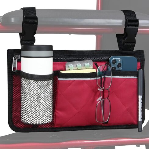 Wheelchair Side Bag, Armrest Storage Pouch with Cup Holder and Reflective Strip for Wheelchairs, Walkers or Rollators (Black) in Saudi Arabia