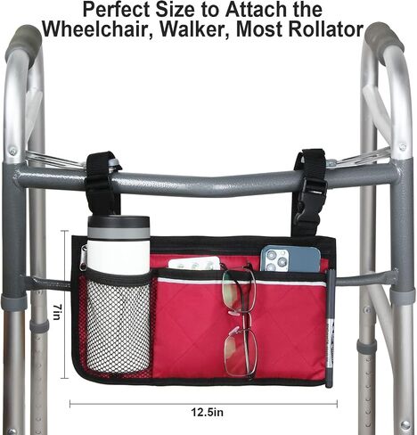 Wheelchair Side Bag, Armrest Storage Pouch with Cup Holder and Reflective Strip for Wheelchairs, Walkers or Rollators (Black) in Saudi Arabia
