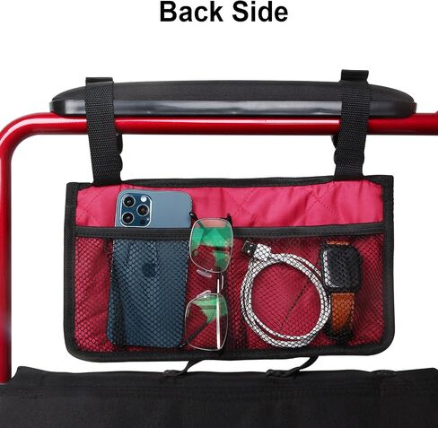 Wheelchair Side Bag, Armrest Storage Pouch with Cup Holder and Reflective Strip for Wheelchairs, Walkers or Rollators (Black) in Saudi Arabia