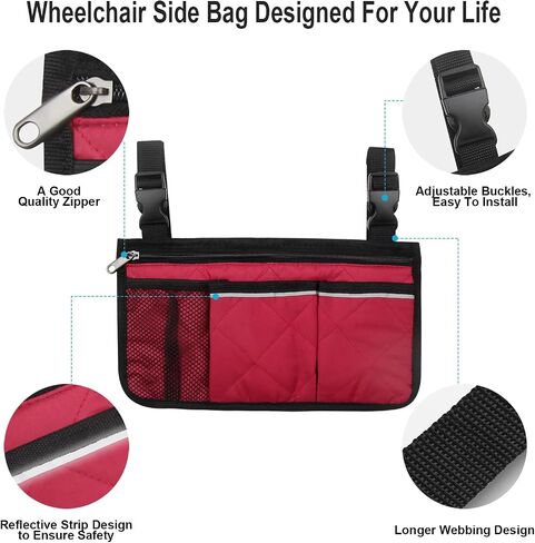 Wheelchair Side Bag, Armrest Storage Pouch with Cup Holder and Reflective Strip for Wheelchairs, Walkers or Rollators (Black) in Saudi Arabia