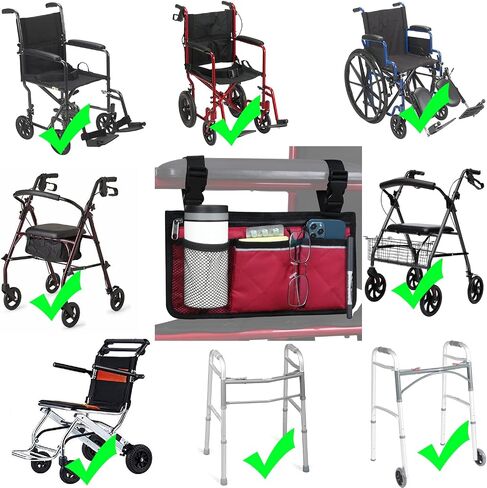 Wheelchair Side Bag, Armrest Storage Pouch with Cup Holder and Reflective Strip for Wheelchairs, Walkers or Rollators (Black) in Saudi Arabia