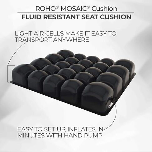 وسادة ROHO MOSAIC، وسادة مقعد قياسية قابلة للنفخ لكرسي المكتب والكراسي المتحركة والسيارات والحياة المنزلية ودعم آلام الظهر، وسادة قابلة للتعديل مع غطاء قابل للتمدد وقاعدة مضادة للانزلاق، 45.72 سم × 40.64 سم in Kuwait
