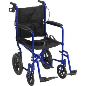Drive Medical EXP19LTBL Lightweight Expedition Folding Transport Wheelchair with Hand Brakes, Blue