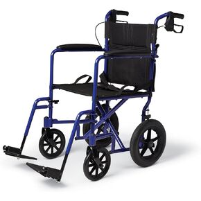 Medline Lightweight Foldable Transport Wheelchair with Handbrakes and 12-Inch Wheels, Blue Frame, Black Upholstery