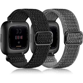 Elastic Bands Compatible with Fitbit Versa 2 Band Women Men, 2Pack Soft Adjustable Nylon Breathable Sport Band for Versa/Versa 2/Versa Lite/SE Smartwatch Loop Stretchy Wristband, Black & Gray