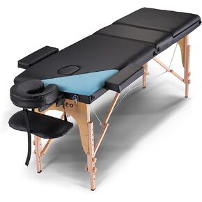 Portable Massage Table Massage Bed Professional SPA Reiki Eyelash Salon Bed, Wooden Frame Height Adjustment & Accessories, Black (3-Section)