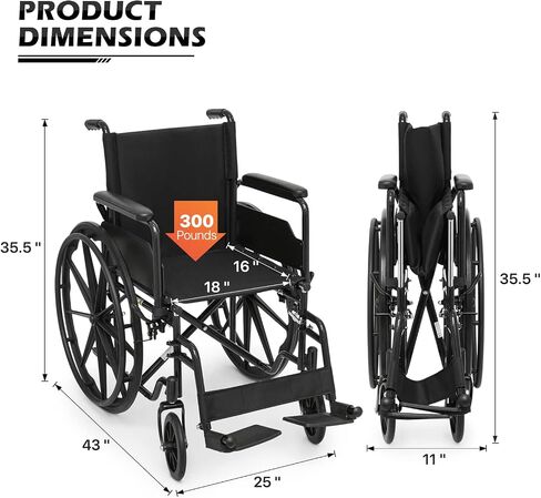 monicare Foldable Wheel Chair with Flip Back Armrests, 24" Large All Terrain Wheel, Folding Swing-Away Footrest 18 inch Wide Seat Wheelchair for Storage and Travel, 300lb Capacity, Black in Saudi Arabia
