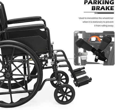 monicare Foldable Wheel Chair with Flip Back Armrests, 24" Large All Terrain Wheel, Folding Swing-Away Footrest 18 inch Wide Seat Wheelchair for Storage and Travel, 300lb Capacity, Black in Saudi Arabia