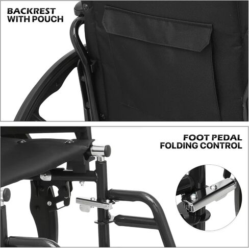 monicare Foldable Wheel Chair with Flip Back Armrests, 24" Large All Terrain Wheel, Folding Swing-Away Footrest 18 inch Wide Seat Wheelchair for Storage and Travel, 300lb Capacity, Black in Saudi Arabia