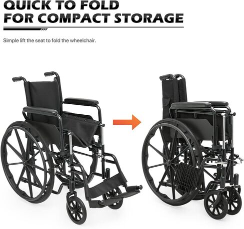 monicare Foldable Wheel Chair with Flip Back Armrests, 24" Large All Terrain Wheel, Folding Swing-Away Footrest 18 inch Wide Seat Wheelchair for Storage and Travel, 300lb Capacity, Black in Saudi Arabia