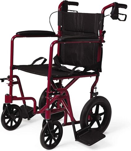 Medline Lightweight Foldable Transport Wheelchair with Handbrakes and 12-Inch Wheels, Blue Frame, Black Upholstery in Saudi Arabia
