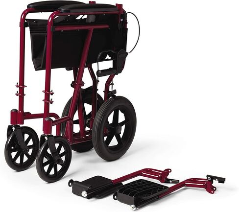 Medline Lightweight Foldable Transport Wheelchair with Handbrakes and 12-Inch Wheels, Blue Frame, Black Upholstery in Saudi Arabia
