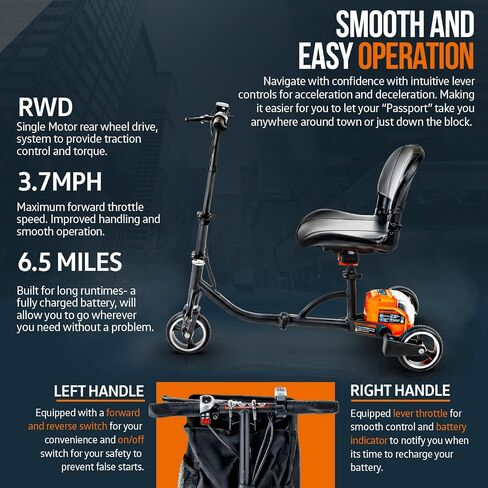 SuperHandy 3 Wheel Folding Mobility Scooter - Electric Powered, Lightest Available, Airline Friendly - Long Range Travel w/ 2 Detachable 48V Lithium-ion Batteries and Charger in Saudi Arabia