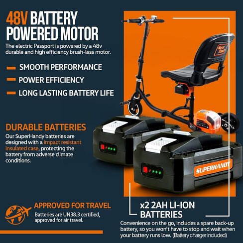 SuperHandy 3 Wheel Folding Mobility Scooter - Electric Powered, Lightest Available, Airline Friendly - Long Range Travel w/ 2 Detachable 48V Lithium-ion Batteries and Charger in Saudi Arabia