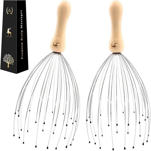 USAGA 28 Finger Head Scratcher, Head Massager, Scalp Massager Head Whisk Massager for Head Hair Body Massage and Stress Relax, Wire Massager Wood Handle (1 Pack) in Saudi Arabia