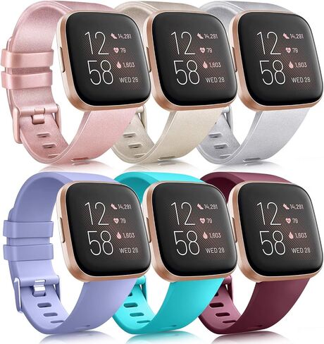 6 Pack Sport Bands Compatible with Fitbit Versa 2 / Fitbit Versa / Versa Lite / Versa SE, Classic Soft Silicone Replacement Wristbands (Small, Starlight/Milk Tea/Smoke Violet/Sand Pink/Baby Blue/Light in Saudi Arabia